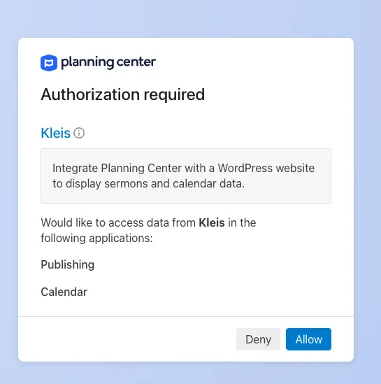 Planning Center authorization screen showing the Publishing and Calendar access requested by Kleis.