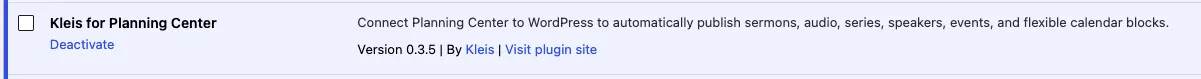 Kleis for Planning Center shown as active in the WordPress plugins list.
