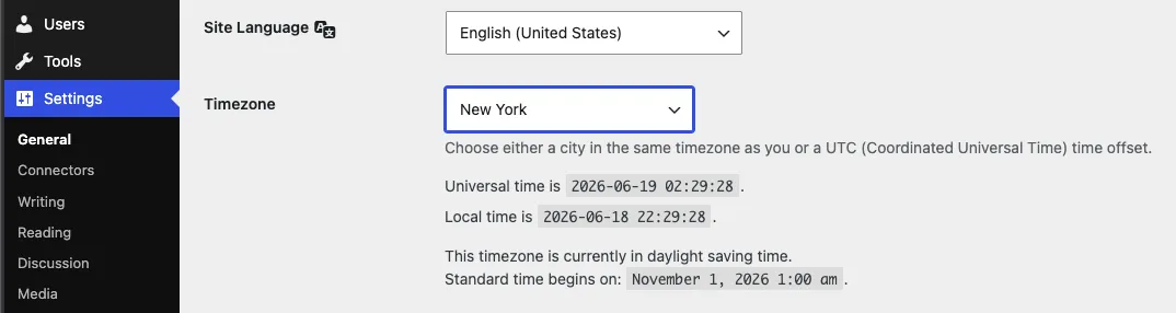 WordPress General Settings with New York selected as the named site timezone.