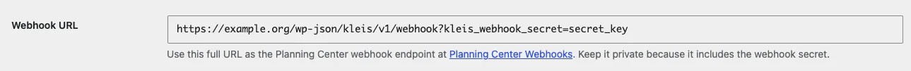 Kleis Webhook URL field showing an example endpoint and placeholder secret.